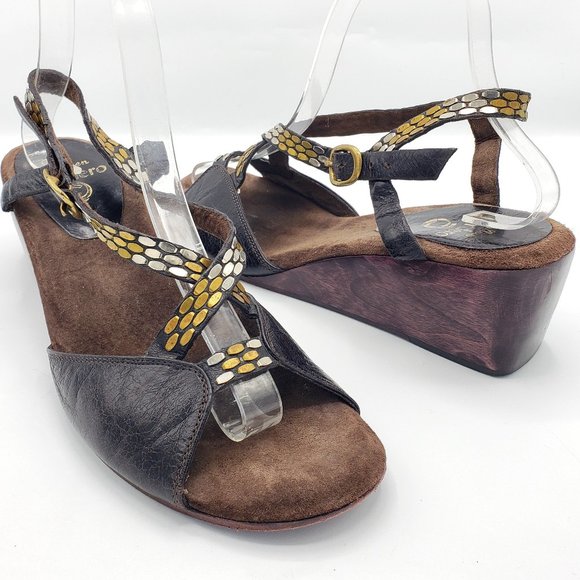 Calleen Cordero Sara Sandal 9.5 Wood Wedge Slingback Dark Brown Crackle …